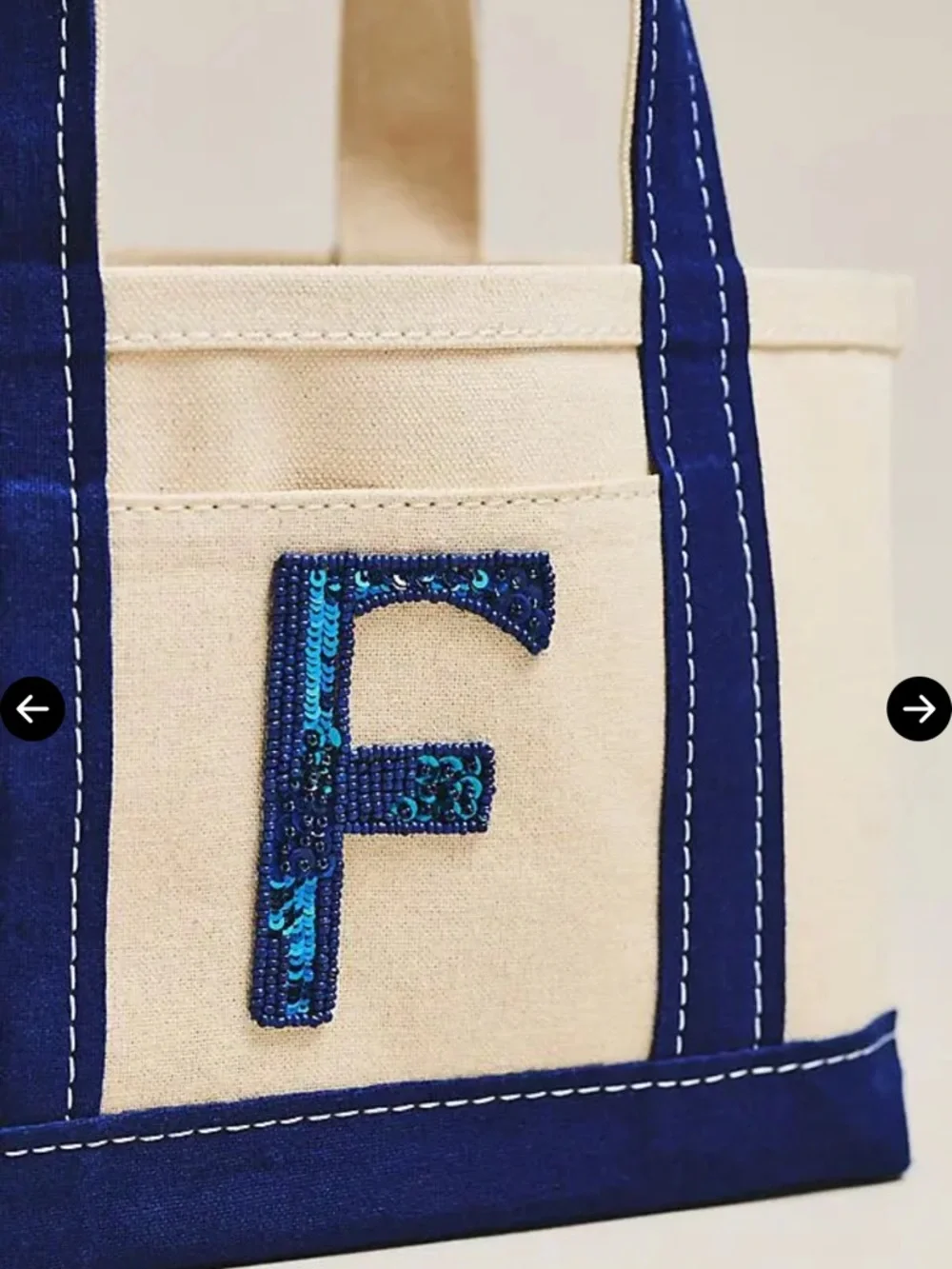 NWT Anthropologie Cream Canvas Baby Tote with Navy Handles and Sequin Initial F